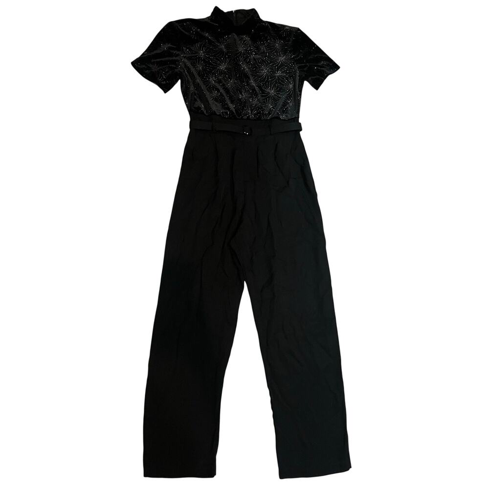 Vintage 80s Dress Barn Black Velvet Jumpsuit Glitter Starburst Party Size M 12